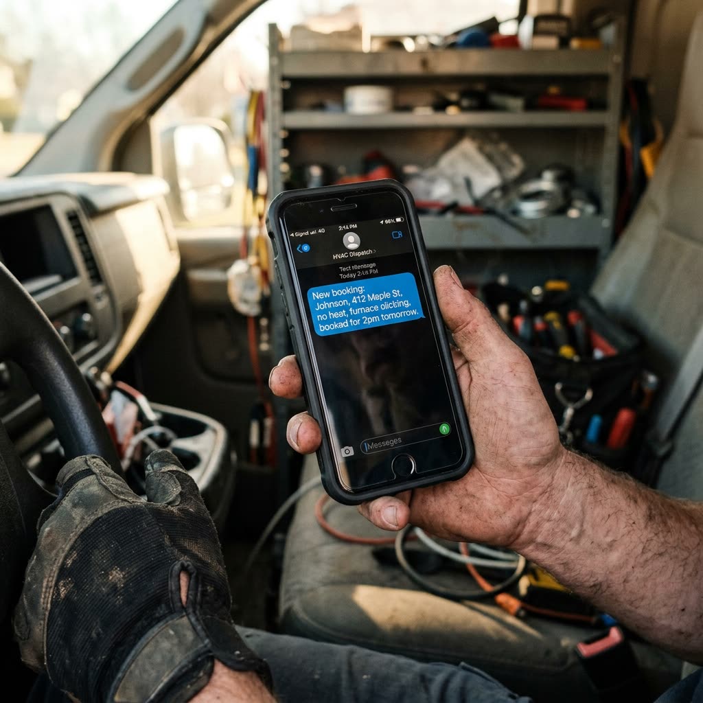 HVAC technician checking SMS booking summary on phone in service van